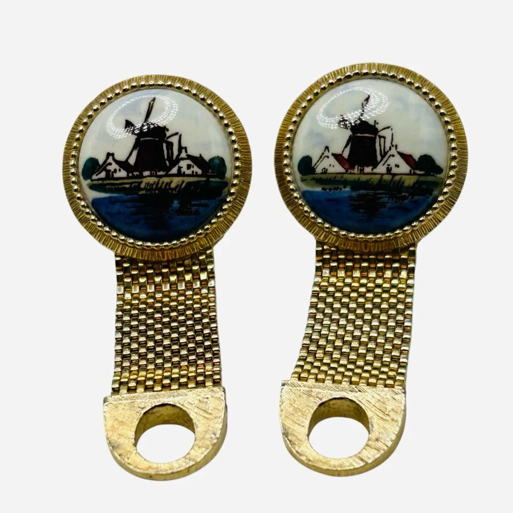 Vintage Swank Delft Porcelain Scenic Windmill Mess Cufflinks